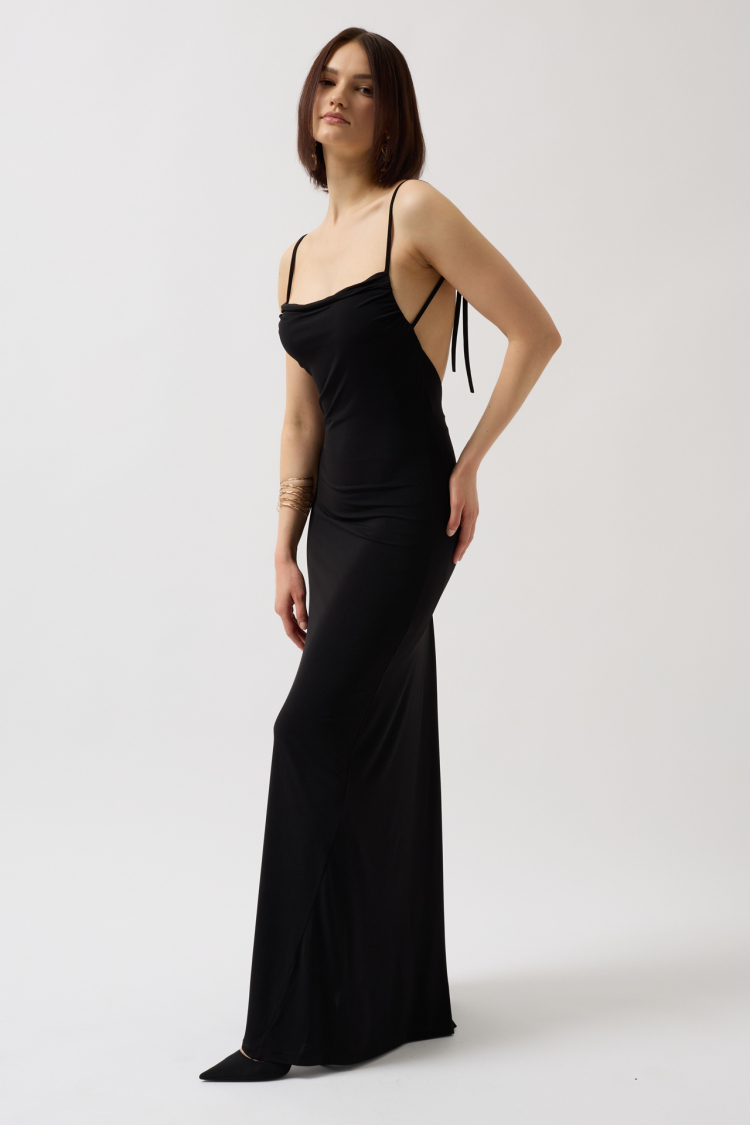 Tie Up Detail Dangle Collar Maxi Dress - Black Fashion - Globality Store - Women Clothes Wholesale Turkey
