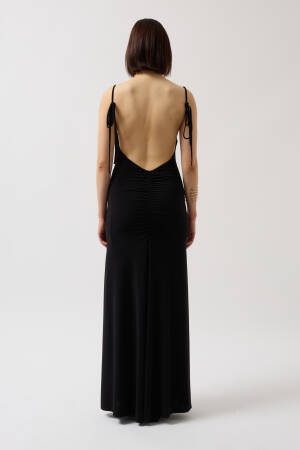 Tie Up Detail Dangle Collar Maxi Dress - Black Fashion - Globality Store - Women Clothes Wholesale Turkey