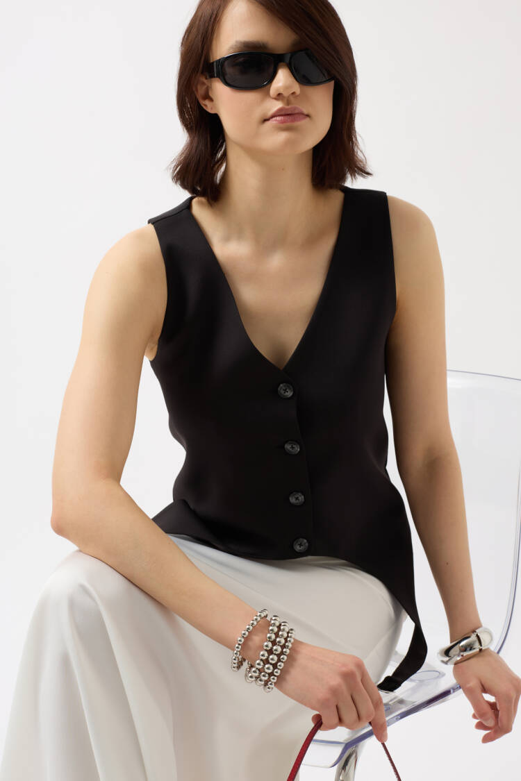 Belt Detail V-Neck Vest - Black Fashion - Globality Store - Women Clothes Wholesale Turkey