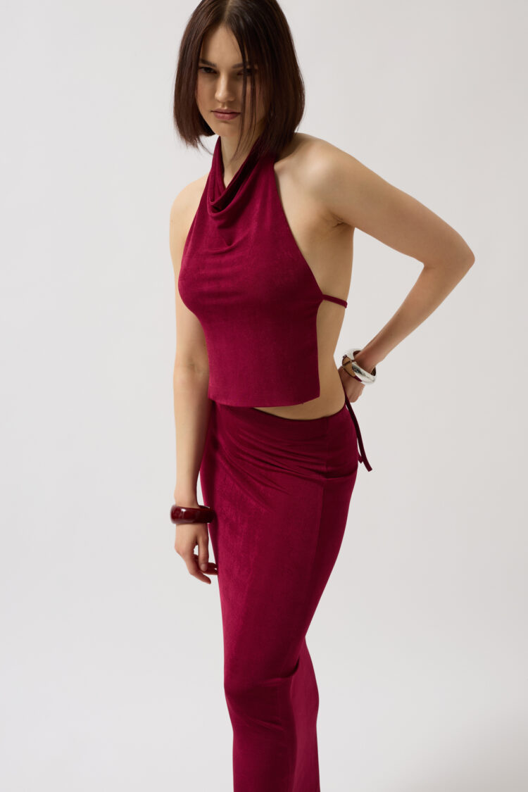 Shiny Fabric Maxi Skirt - Burgundy
