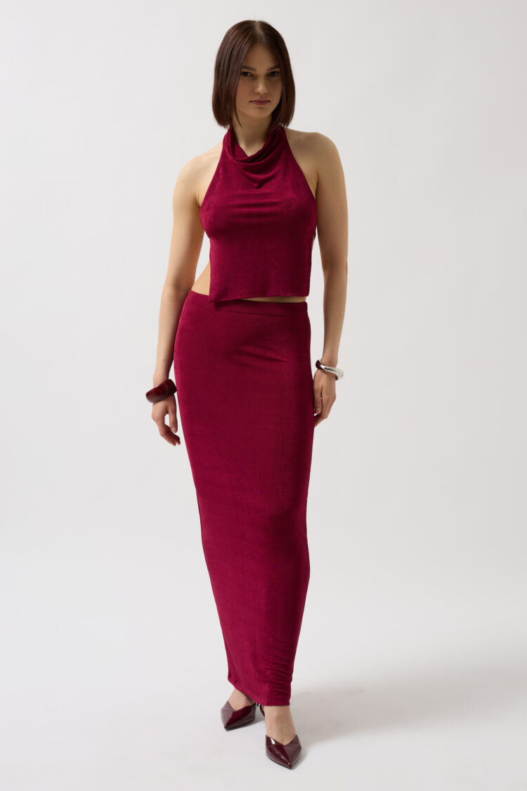 Shiny Fabric Maxi Skirt - Burgundy