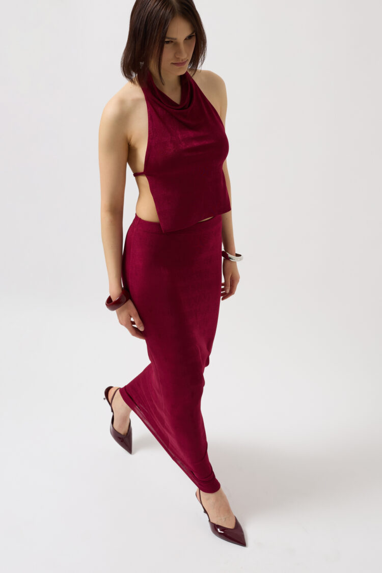 Shiny Fabric Maxi Skirt - Burgundy