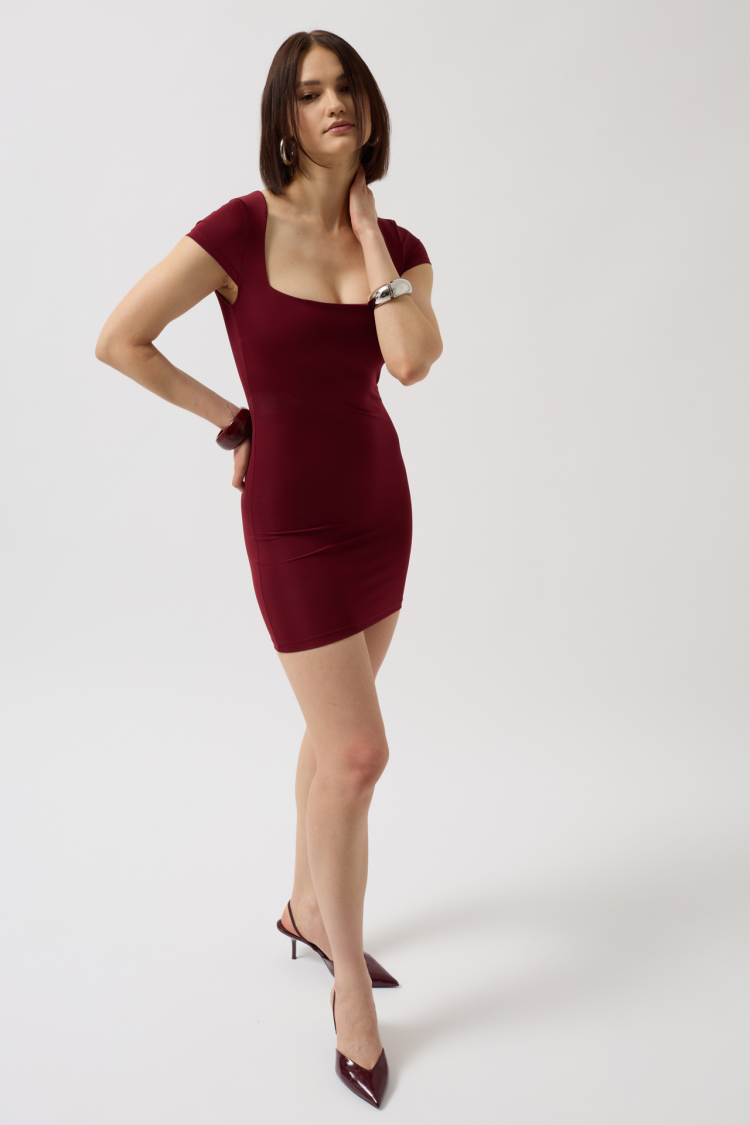 Window Detail Mini Neckline Dress - Burgundy
