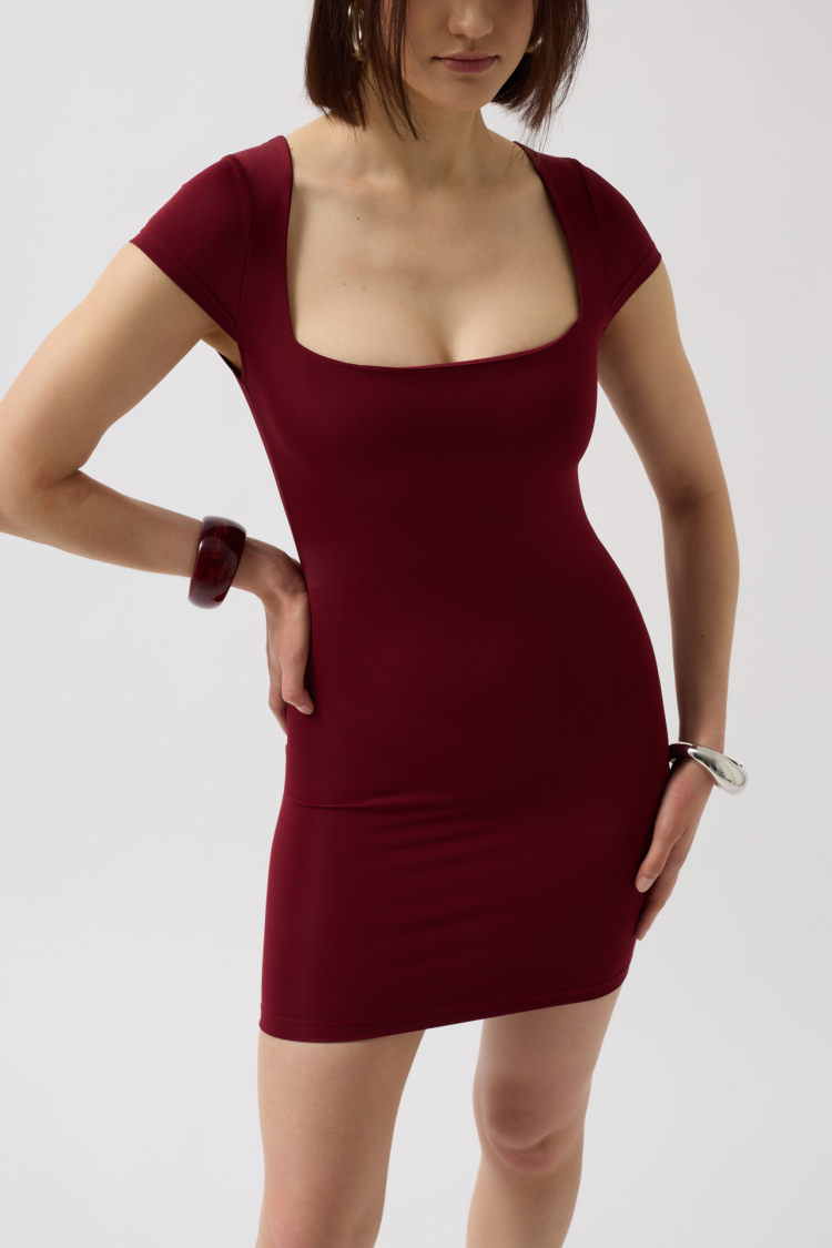 Window Detail Mini Neckline Dress - Burgundy
