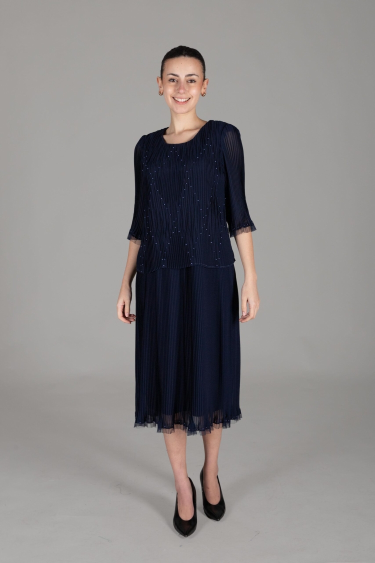 Round Neck Pleated Chiffon Dress - GUMANIZE - Globality Store - Women Clothes Wholesale Turkey