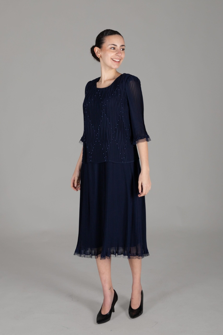 Round Neck Pleated Chiffon Dress