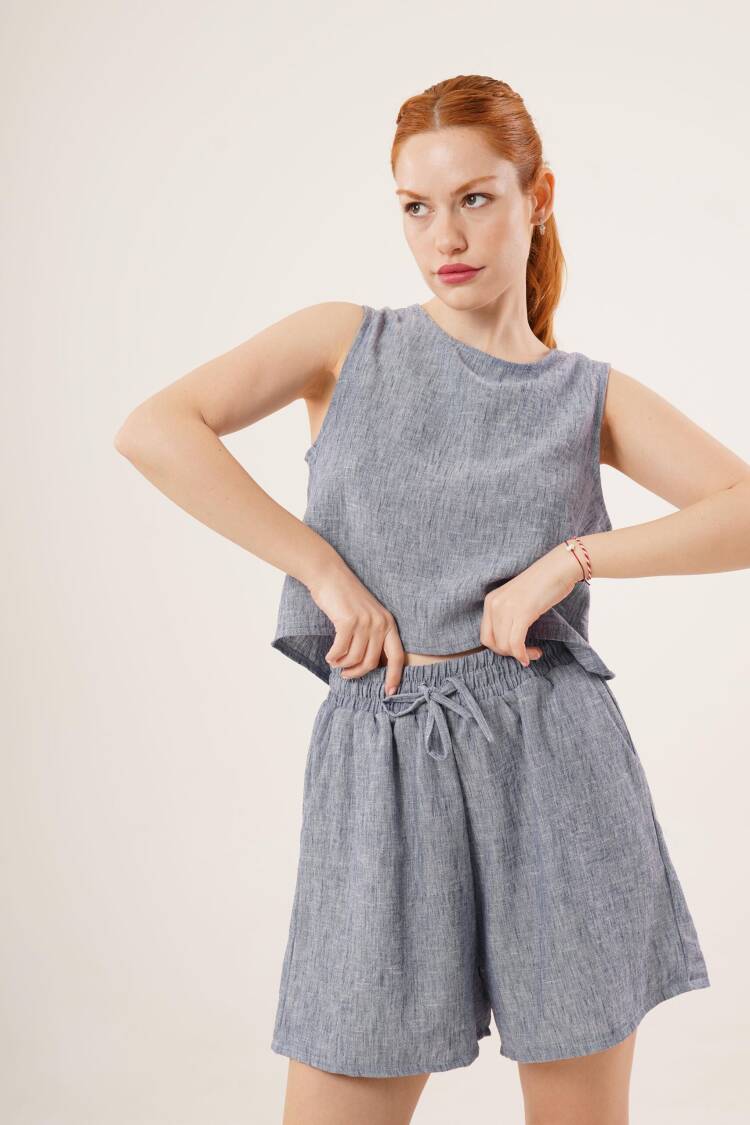 Back Button Detailed Blouse And Shorts With Pockets Double Wholesale Indigo Suit - Lustrin - Globality Store - Women Clothes Wholesale Turkey