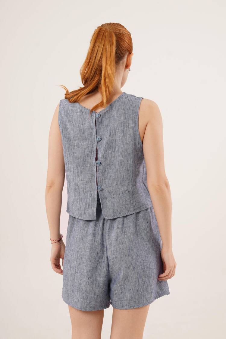 Back Button Detailed Blouse And Shorts With Pockets Double Wholesale Indigo Suit