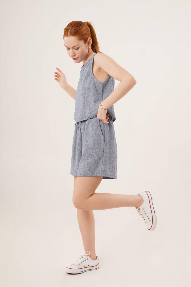 Back Button Detailed Blouse And Shorts With Pockets Double Wholesale Indigo Suit