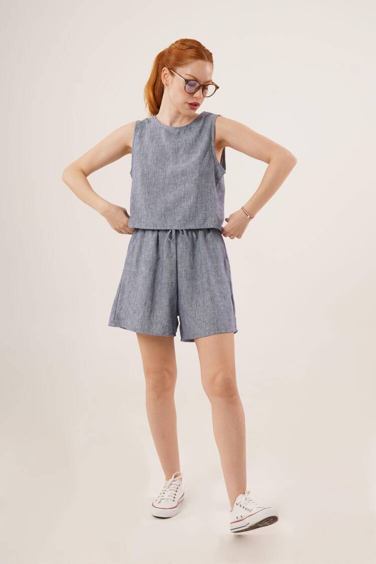 Back Button Detailed Blouse And Shorts With Pockets Double Wholesale Indigo Suit