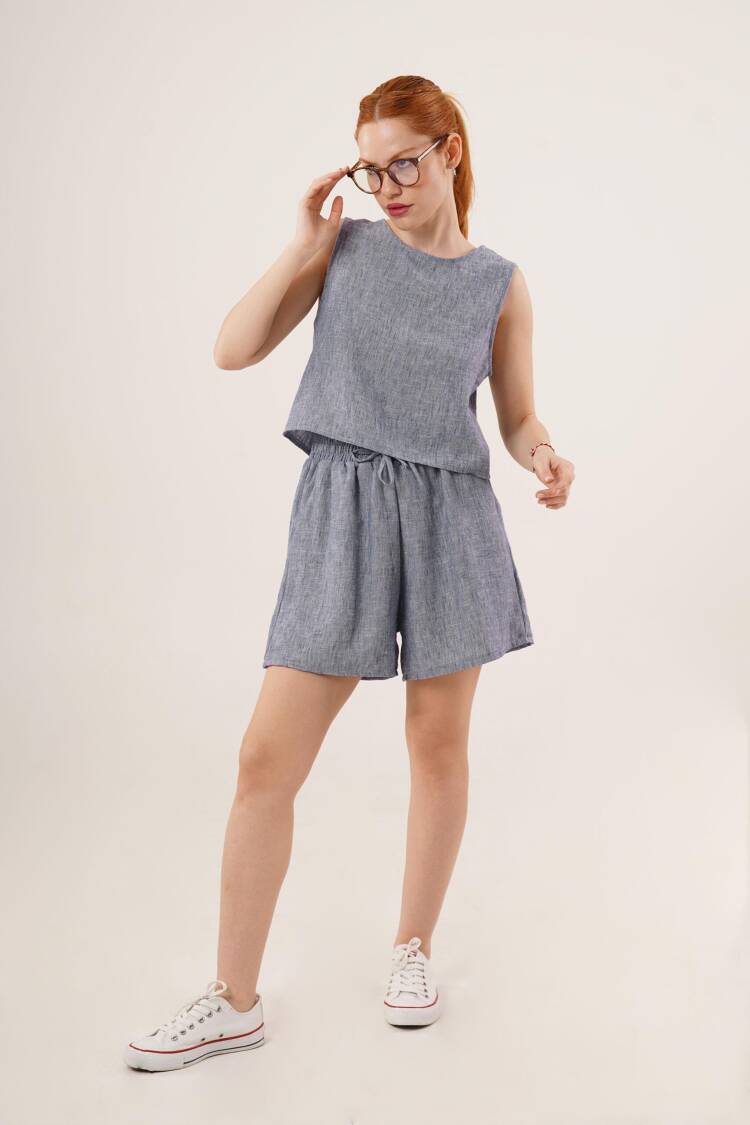 Back Button Detailed Blouse And Shorts With Pockets Double Wholesale Indigo Suit