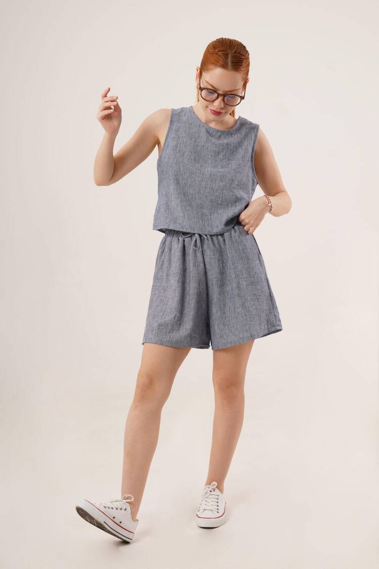 Back Button Detailed Blouse And Shorts With Pockets Double Wholesale Indigo Suit