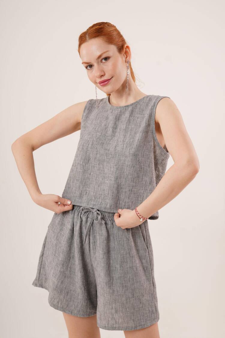 Back Button Detailed Blouse And Shorts With Pockets Double WholesaleSuit - Lustrin - Globality Store - Women Clothes Wholesale Turkey
