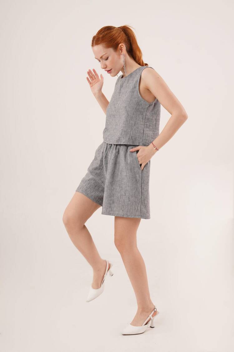 Back Button Detailed Blouse And Shorts With Pockets Double WholesaleSuit
