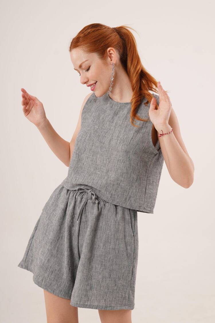 Back Button Detailed Blouse And Shorts With Pockets Double WholesaleSuit
