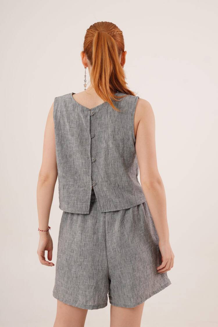 Back Button Detailed Blouse And Shorts With Pockets Double WholesaleSuit