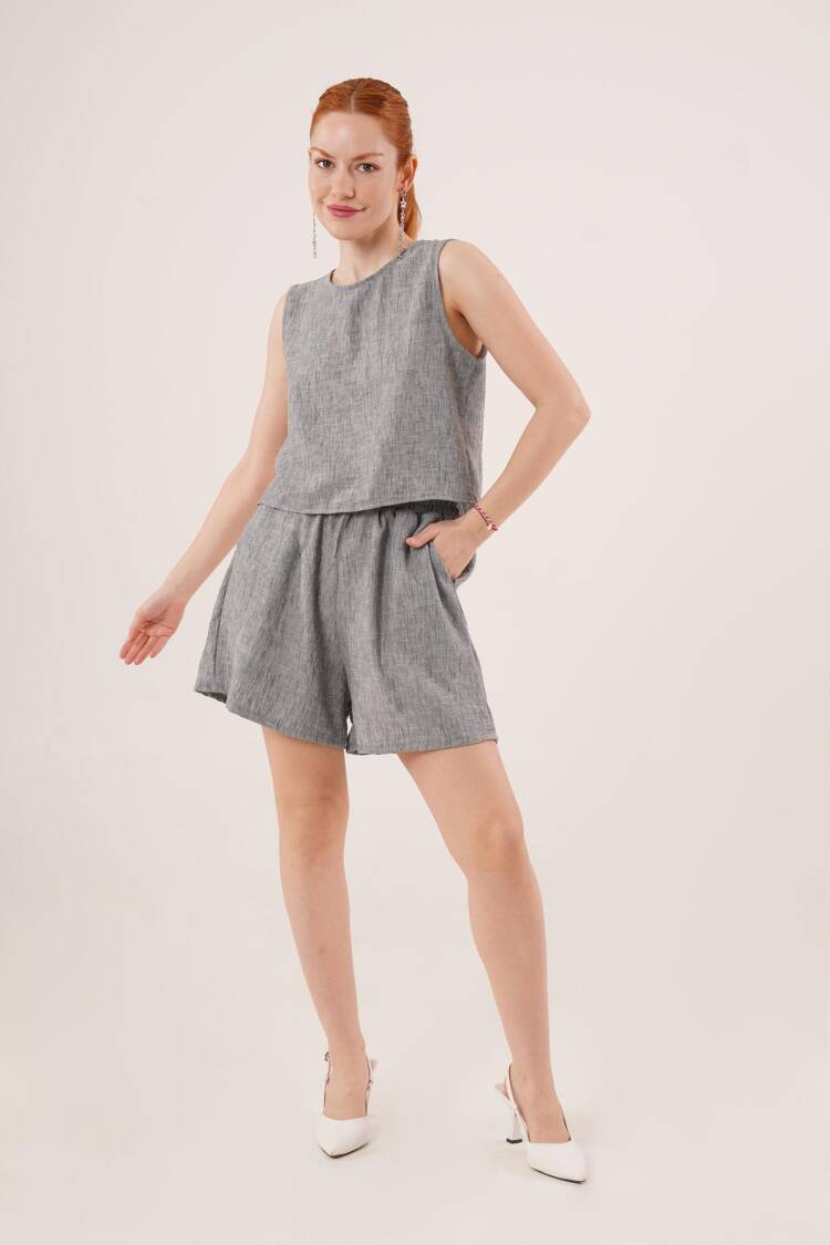 Back Button Detailed Blouse And Shorts With Pockets Double WholesaleSuit