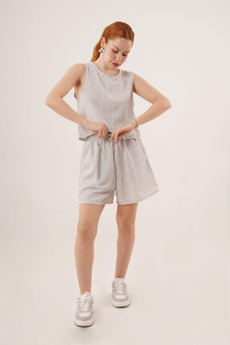 Back Button Detailed Blouse And Shorts With Pockets Double WholesaleSuit