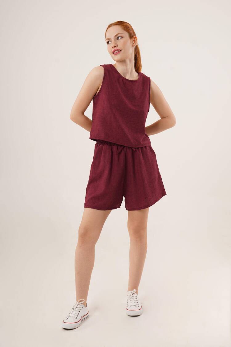 Back Button Detailed Blouse And Shorts With Pockets Double Wholesale Burgundy Suit