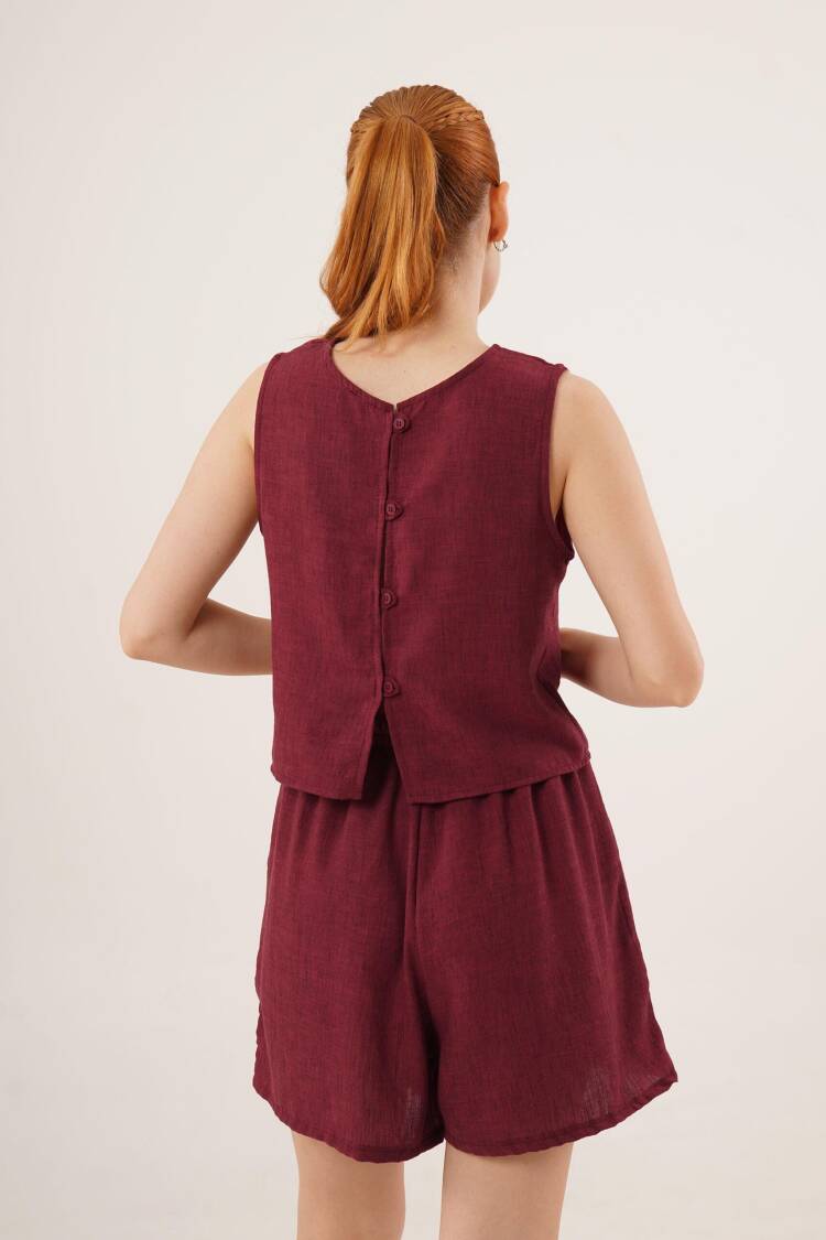Back Button Detailed Blouse And Shorts With Pockets Double Wholesale Burgundy Suit