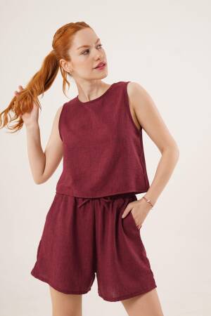 Back Button Detailed Blouse And Shorts With Pockets Double Wholesale Burgundy Suit - Lustrin - Globality Store - Women Clothes Wholesale Turkey