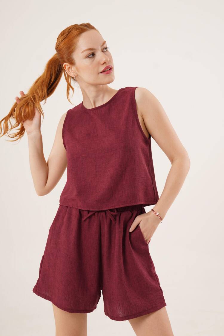 Back Button Detailed Blouse And Shorts With Pockets Double Wholesale Burgundy Suit - Lustrin - Globality Store - Women Clothes Wholesale Turkey