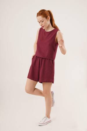 Back Button Detailed Blouse And Shorts With Pockets Double Wholesale Burgundy Suit - Lustrin - Globality Store - Women Clothes Wholesale Turkey