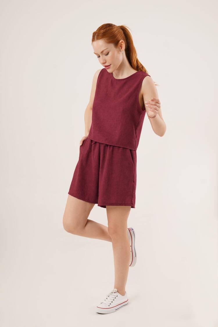 Back Button Detailed Blouse And Shorts With Pockets Double Wholesale Burgundy Suit