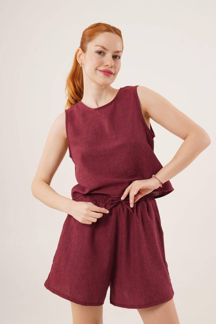 Back Button Detailed Blouse And Shorts With Pockets Double Wholesale Burgundy Suit