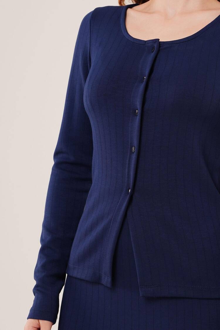 Striped Skirt Buttoned Blouse Wholesale Navy Suit