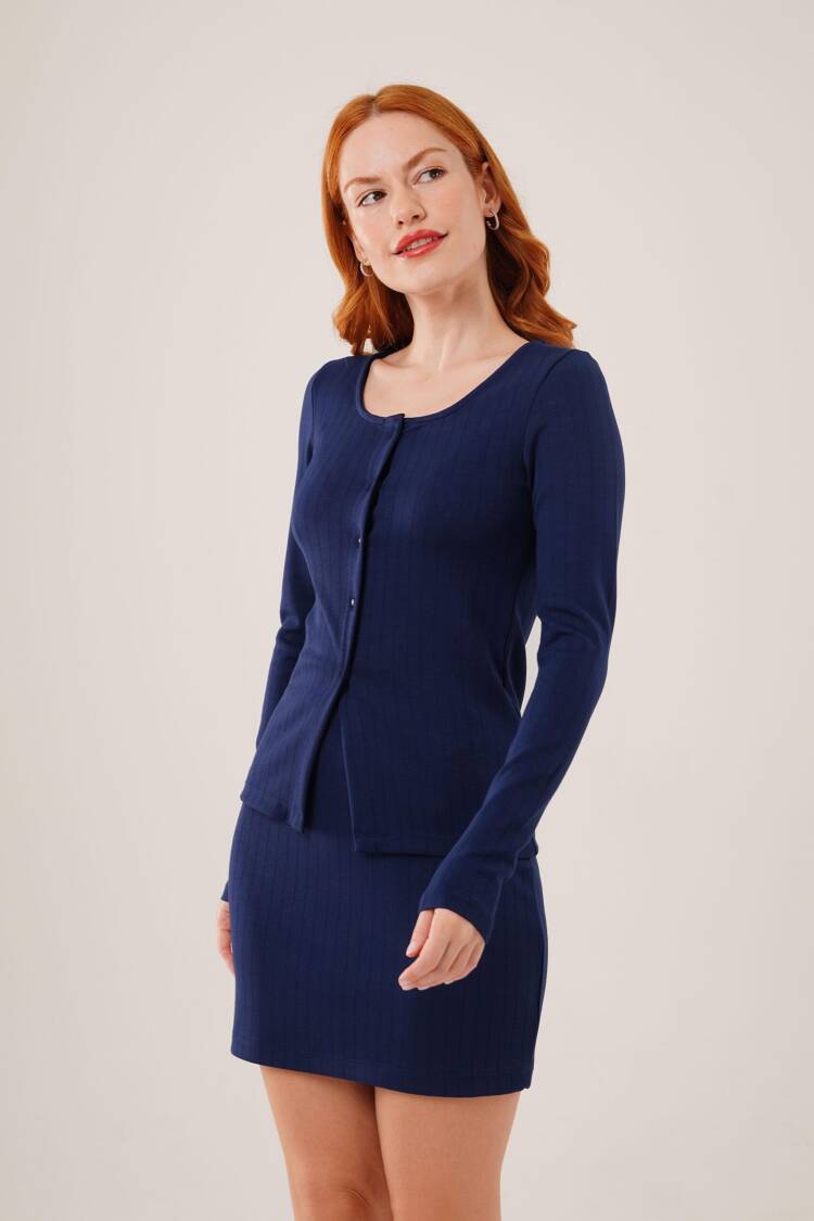 Striped Skirt Buttoned Blouse Wholesale Navy Suit