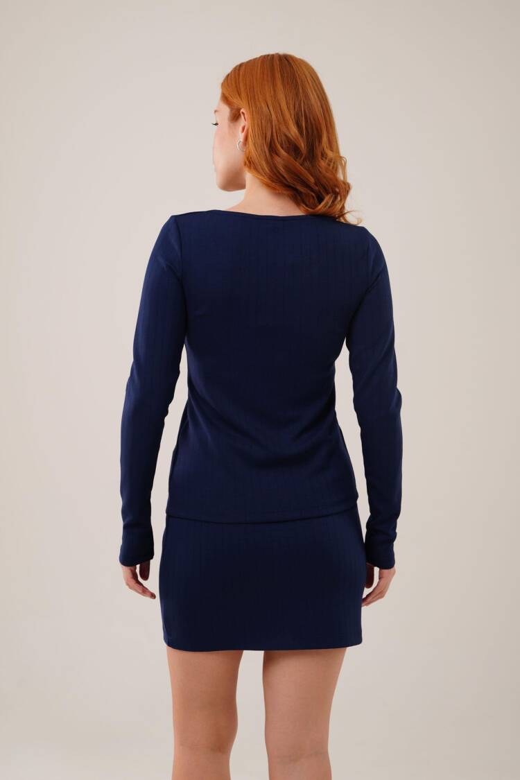 Striped Skirt Buttoned Blouse Wholesale Navy Suit