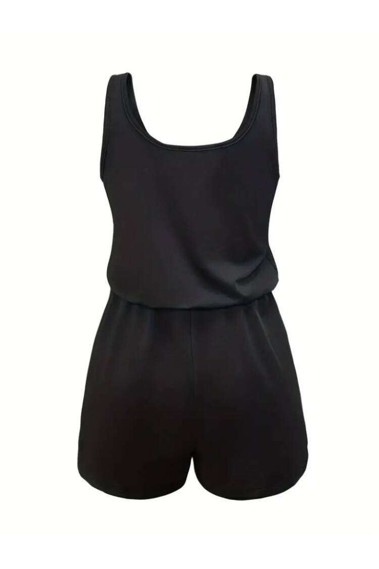 Women's Strappy Round Neck Laser Cut Detailed Lace-up Short Viscose Jumpsuit - Black