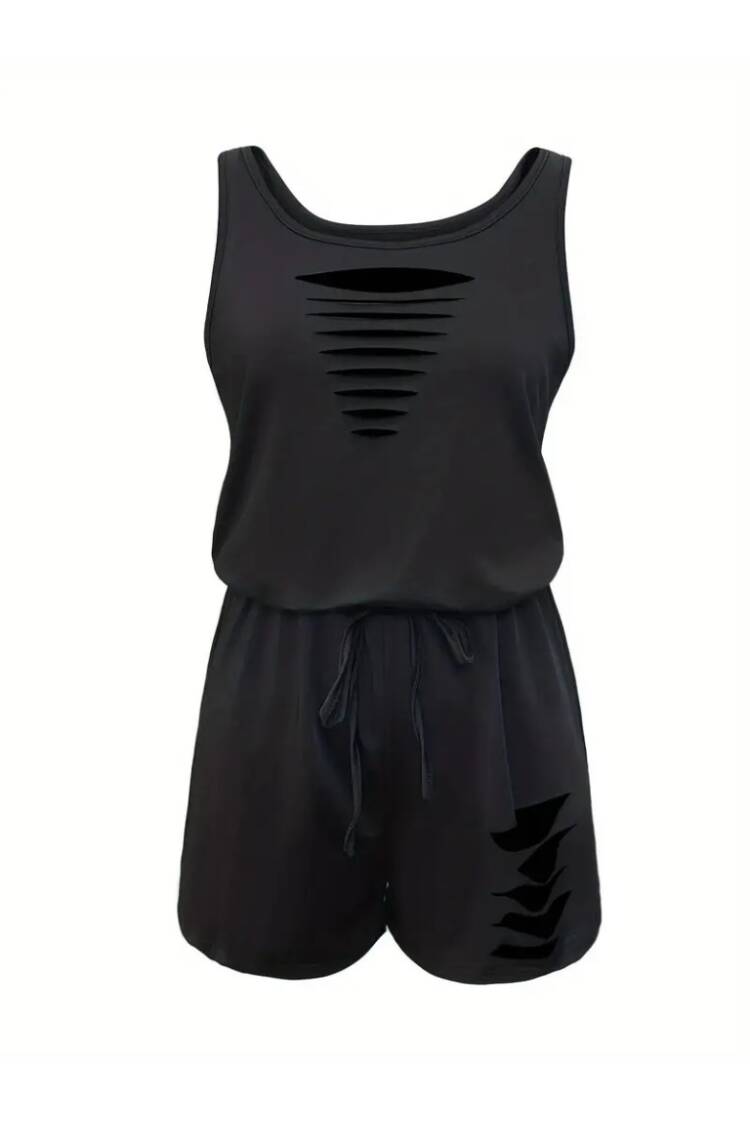 Women's Strappy Round Neck Laser Cut Detailed Lace-up Short Viscose Jumpsuit - Black