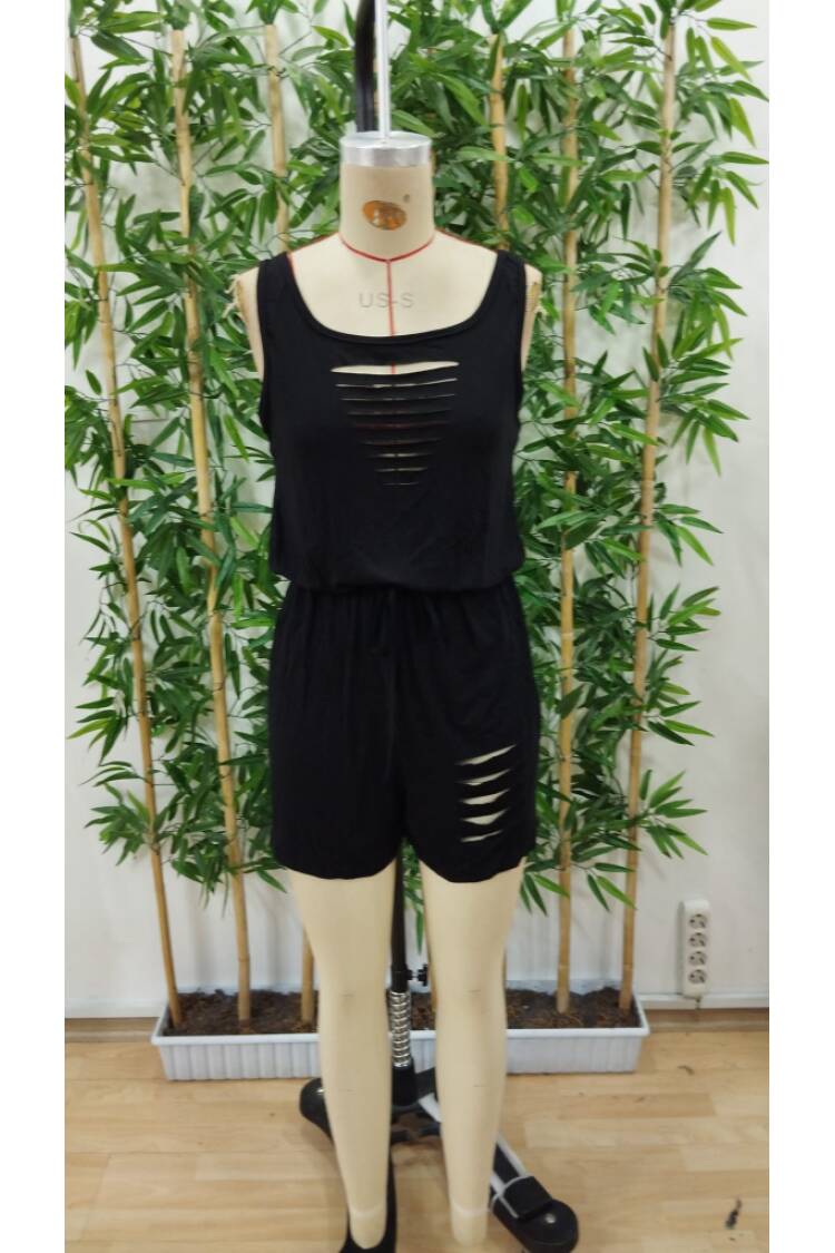 Women's Strappy Round Neck Laser Cut Detailed Lace-up Short Viscose Jumpsuit - Black
