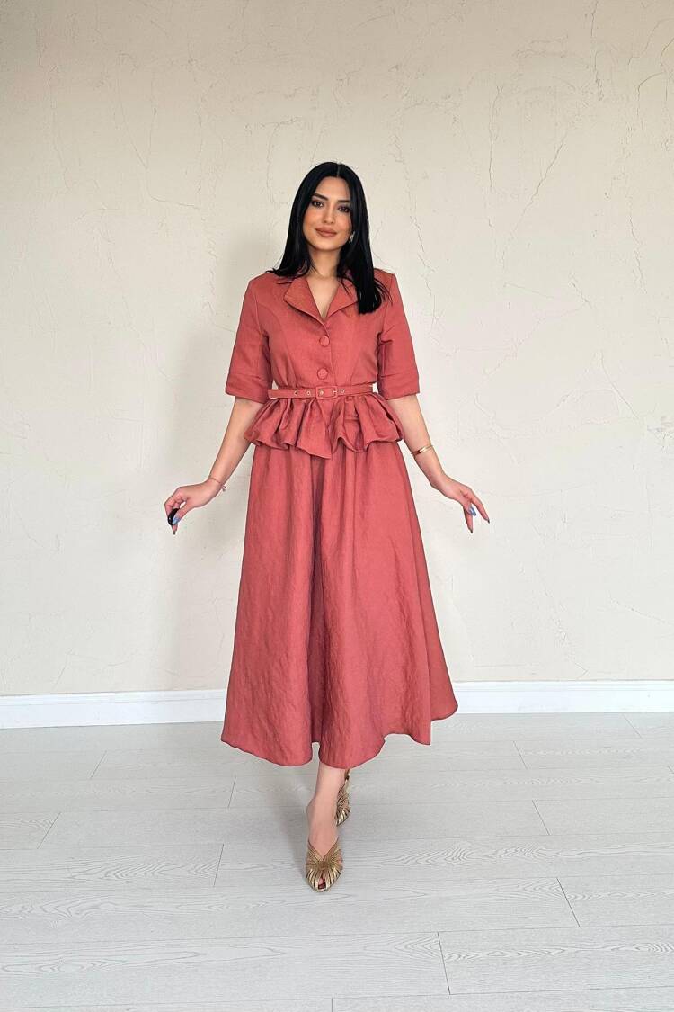 Slim Belt Ruffle Jacket And Ruffle Skirt Set - Tile - Elisa - Globality Store - Women Clothes Wholesale Turkey
