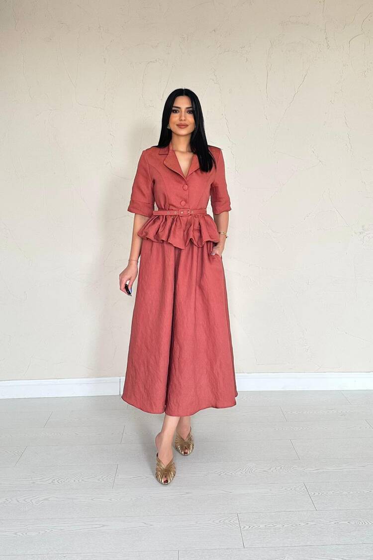 Slim Belt Ruffle Jacket And Ruffle Skirt Set - Tile