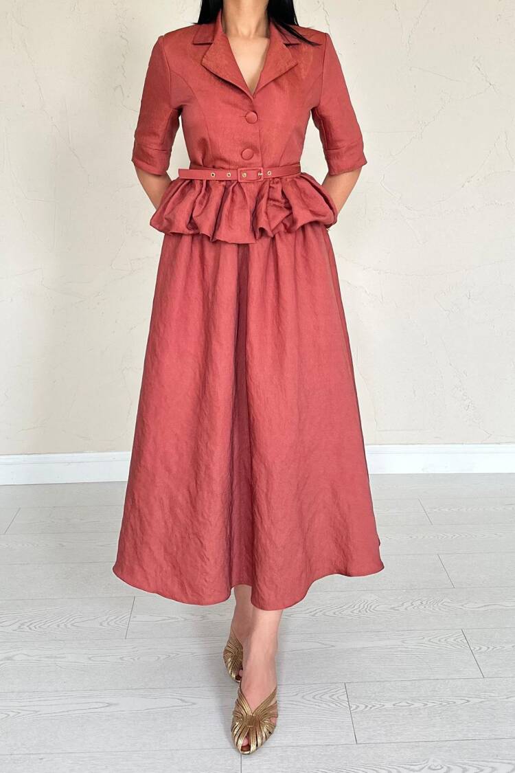Slim Belt Ruffle Jacket And Ruffle Skirt Set - Tile