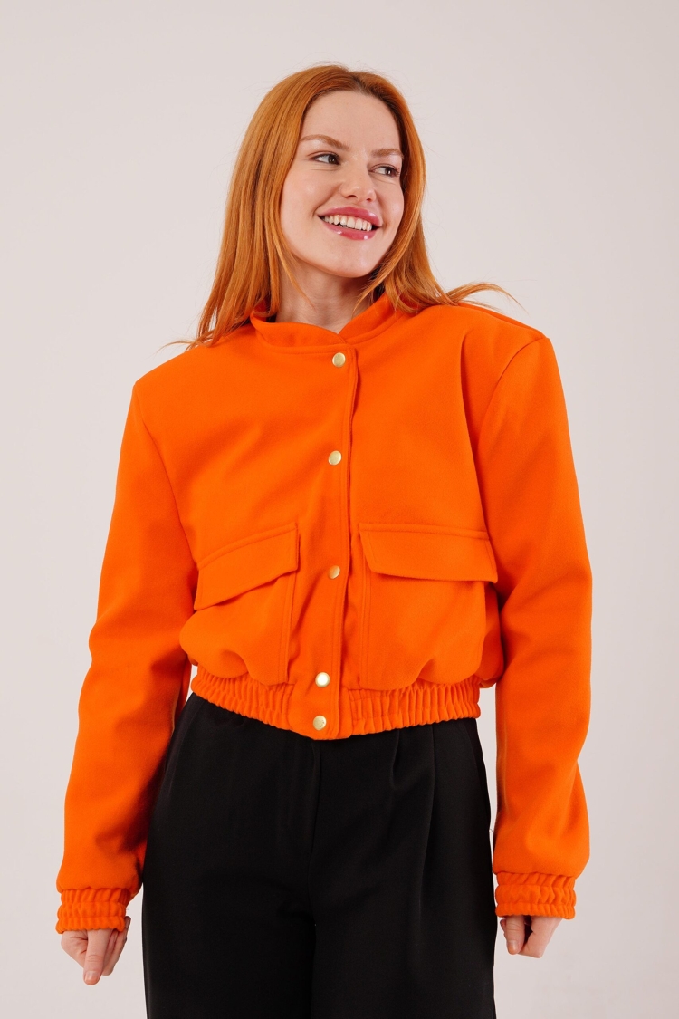 Gold Buttoned Cashmere Bomber Jacket - Lustrin - Globality Store - Women Clothes Wholesale Turkey