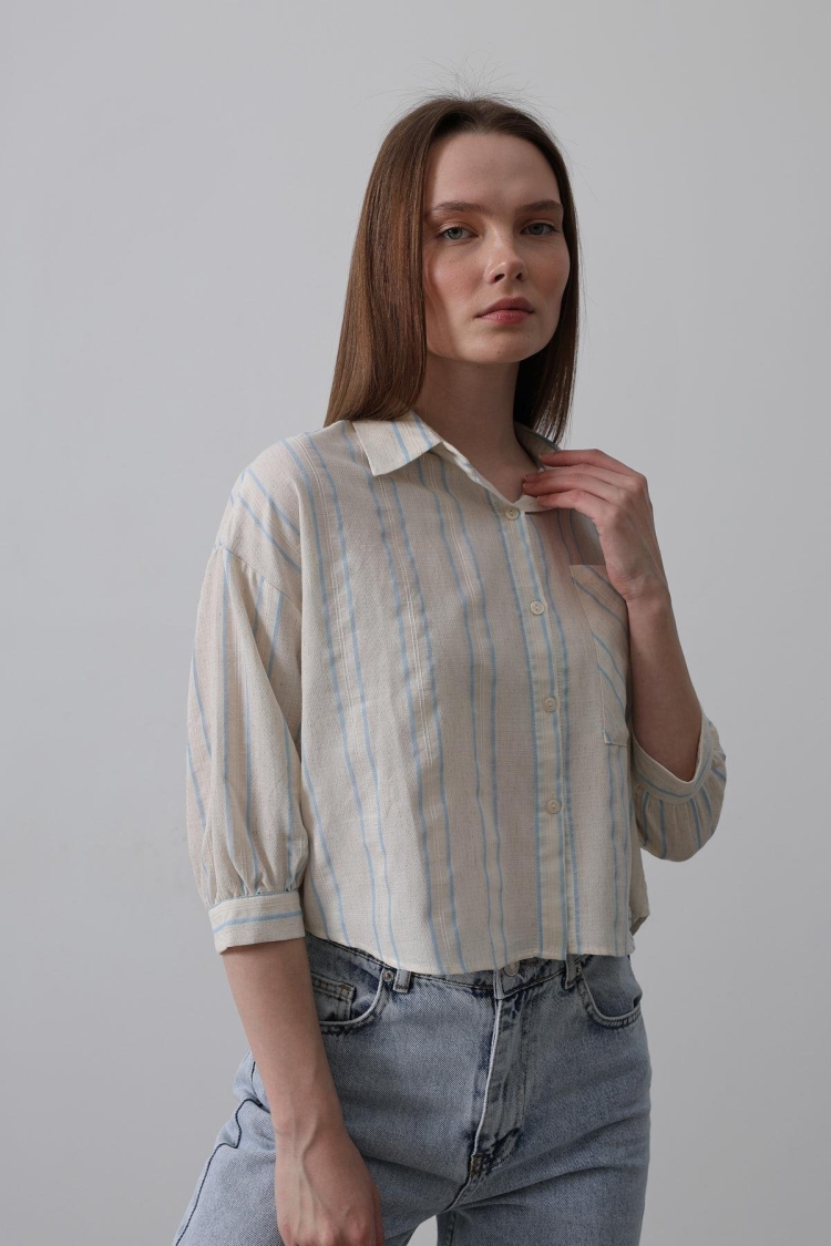 Striped Short Shirt - - Beige