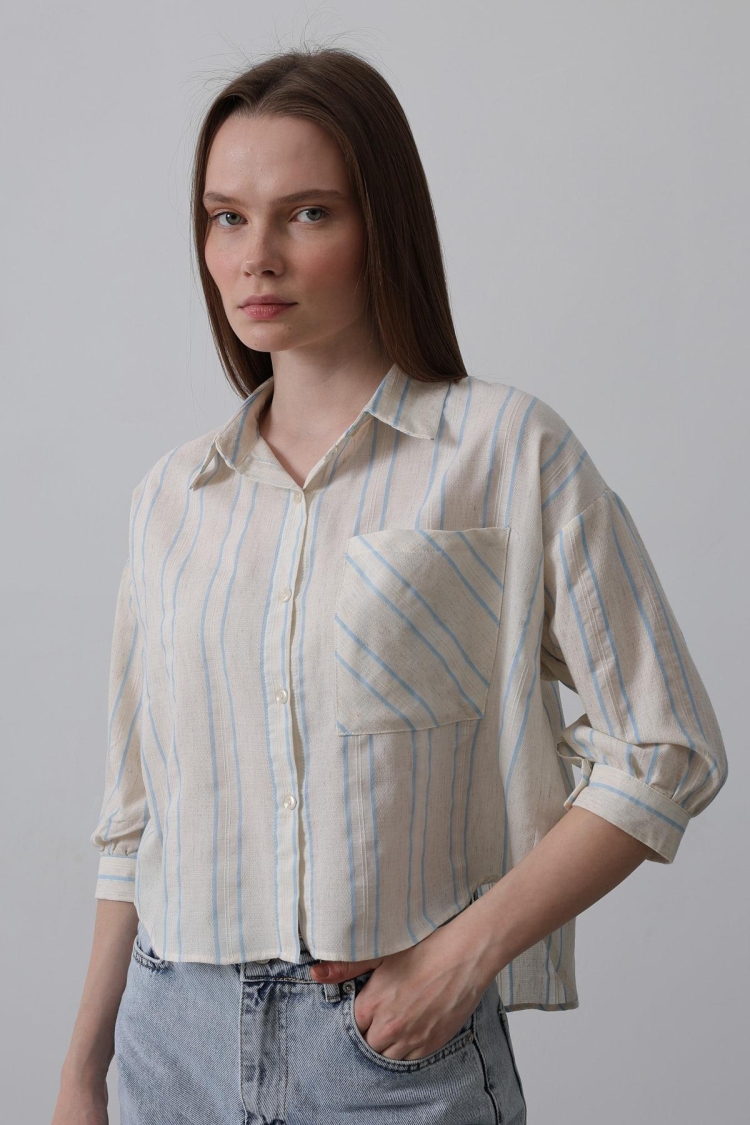 Striped Short Shirt - - Beige - Reyon - Globality Store - Women Clothes Wholesale Turkey