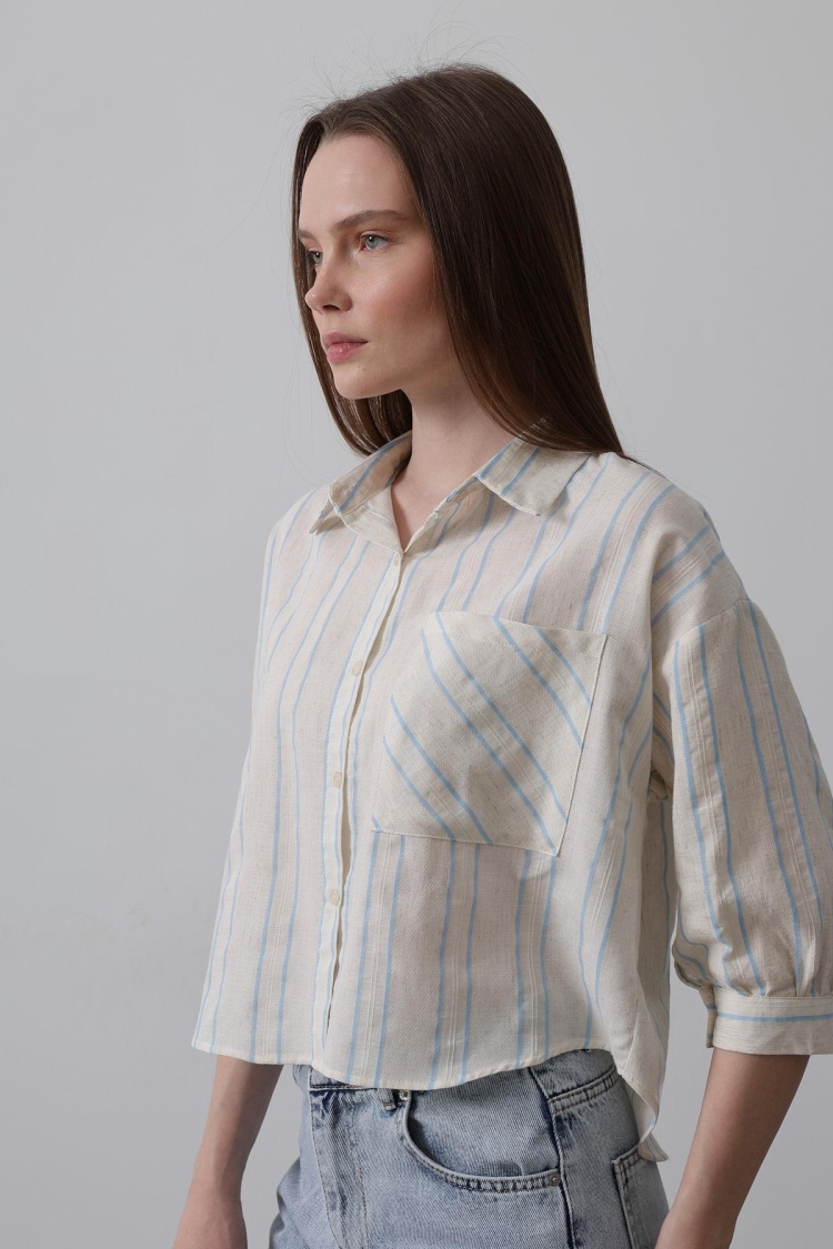 Striped Short Shirt - - Beige