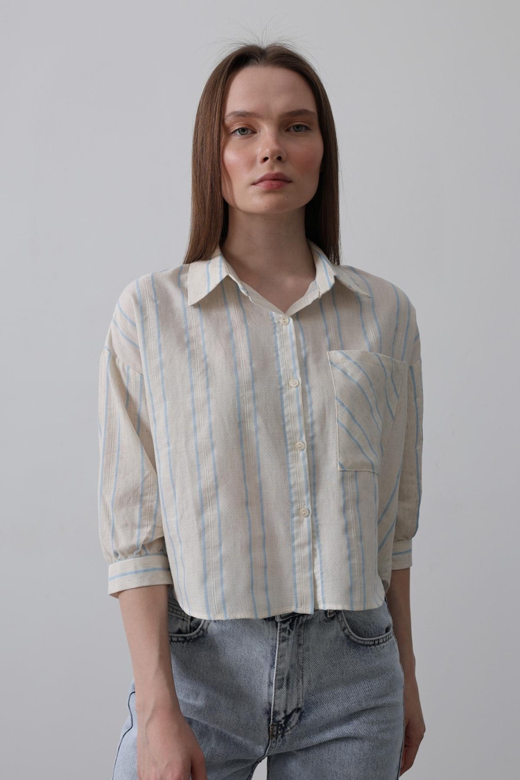 Striped Short Shirt - - Beige