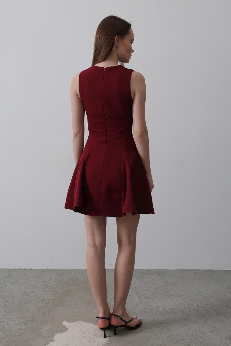 Bow Detail Zero Sleeve Mini Dress - - Burgundy