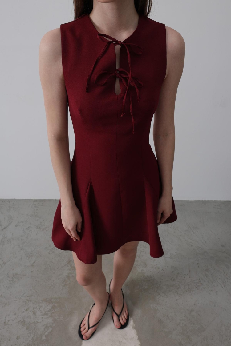 Bow Detail Zero Sleeve Mini Dress - - Burgundy