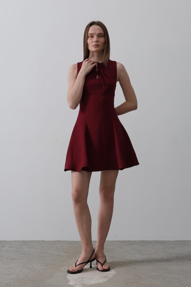 Bow Detail Zero Sleeve Mini Dress - - Burgundy
