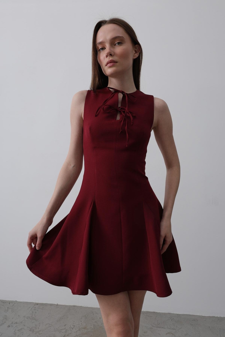 Bow Detail Zero Sleeve Mini Dress - - Burgundy