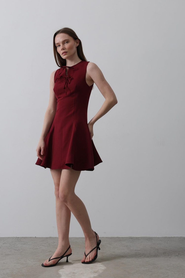 Bow Detail Zero Sleeve Mini Dress - - Burgundy