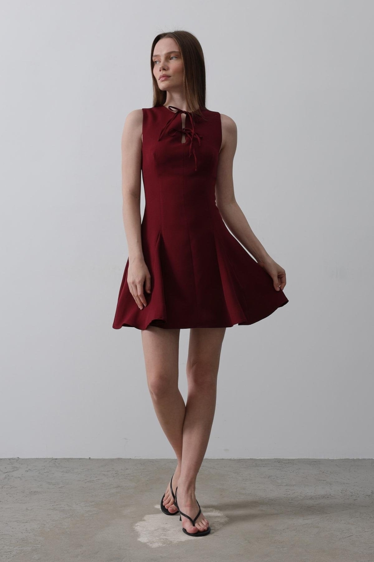 Bow Detail Zero Sleeve Mini Dress - - Burgundy - Reyon - Globality Store - Women Clothes Wholesale Turkey