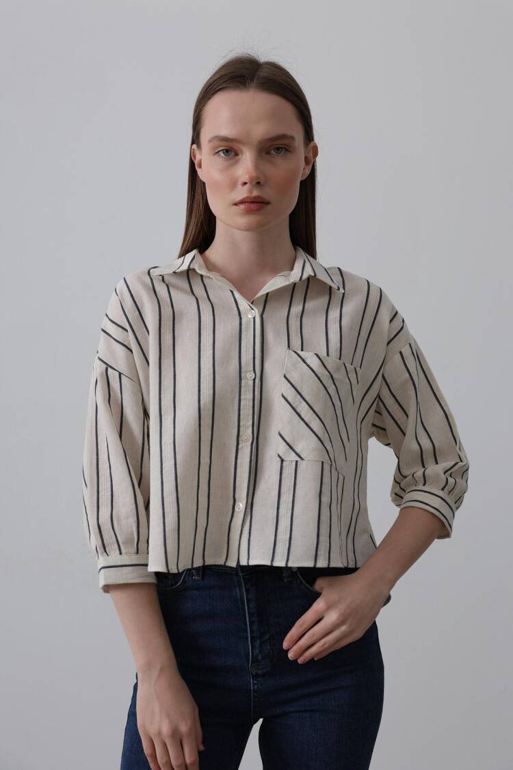 Striped Short Shirt - - -navy - Reyon - Globality Store - Women Clothes Wholesale Turkey